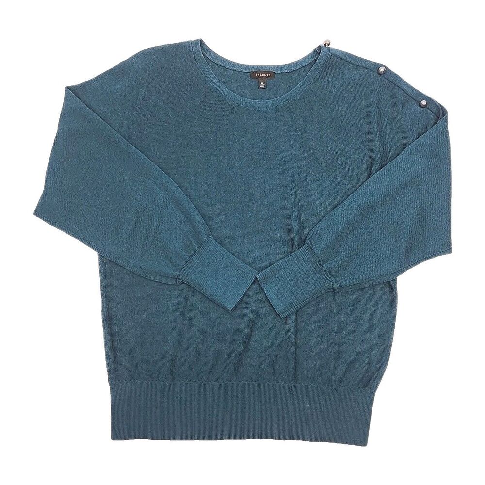 Talbots Sweater Teal Wool Blend Knit Dolman Sleeve Button Women Sz Medium Shirt